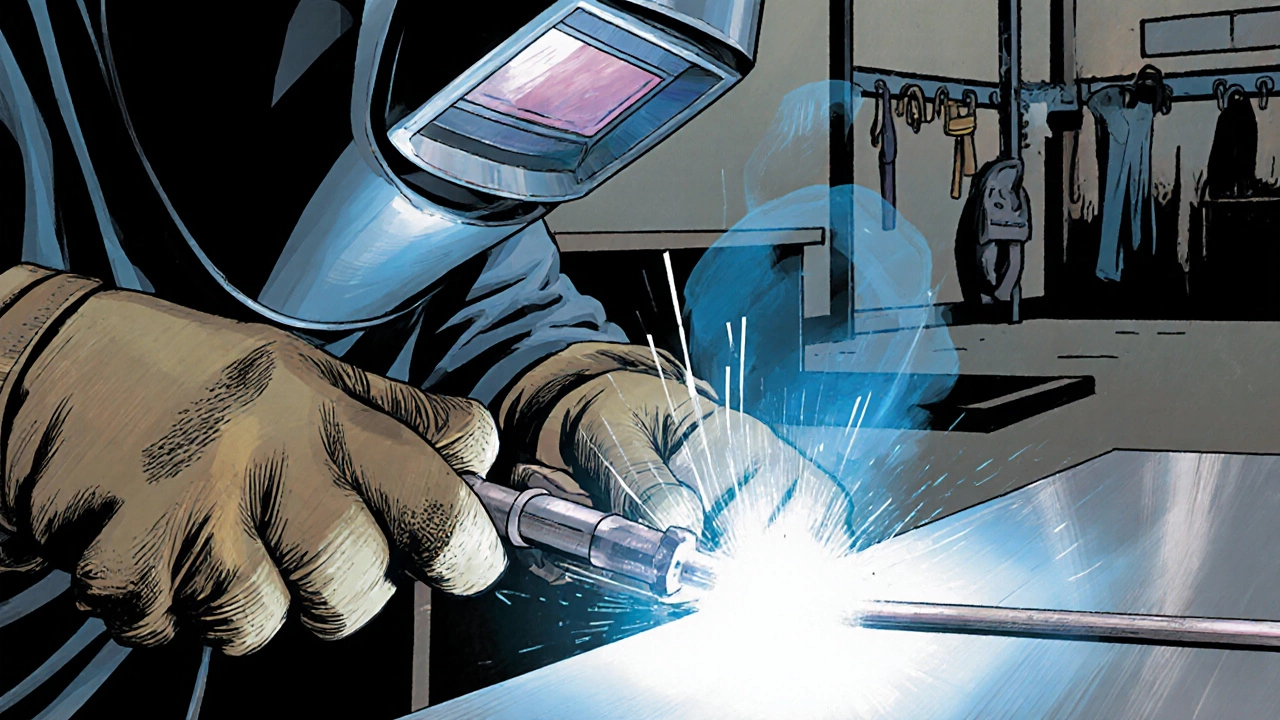 Близкий вид TIG‑сварки: светящийся вольфрамовый электрод, аргон и металл под контролем сварщика.