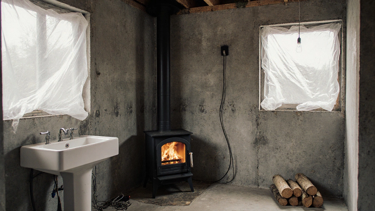 Интерьер дома на первой очереди: голые стены, временные окна, печь, раковина и туалет, без отделки, но с включенным светом.