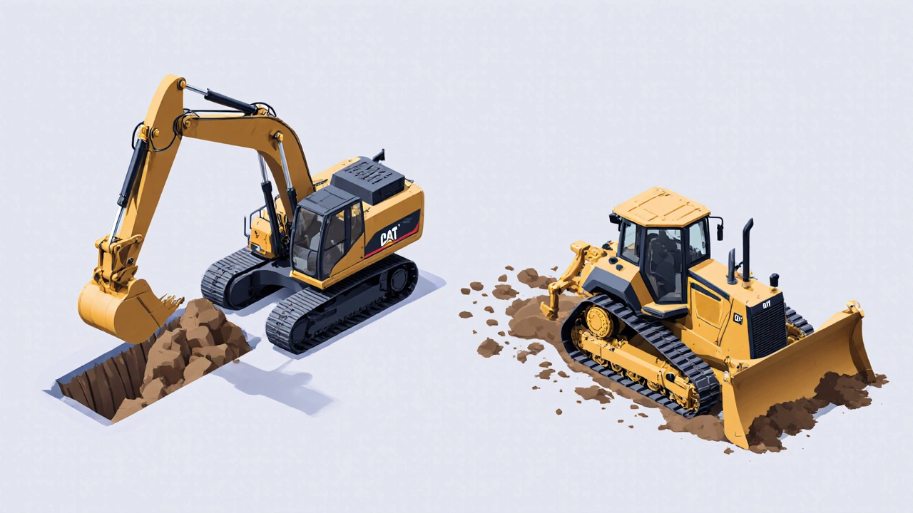 Изометрическая сцена, где экскаватор копает ямку, а бульдозер разглаживает землю.