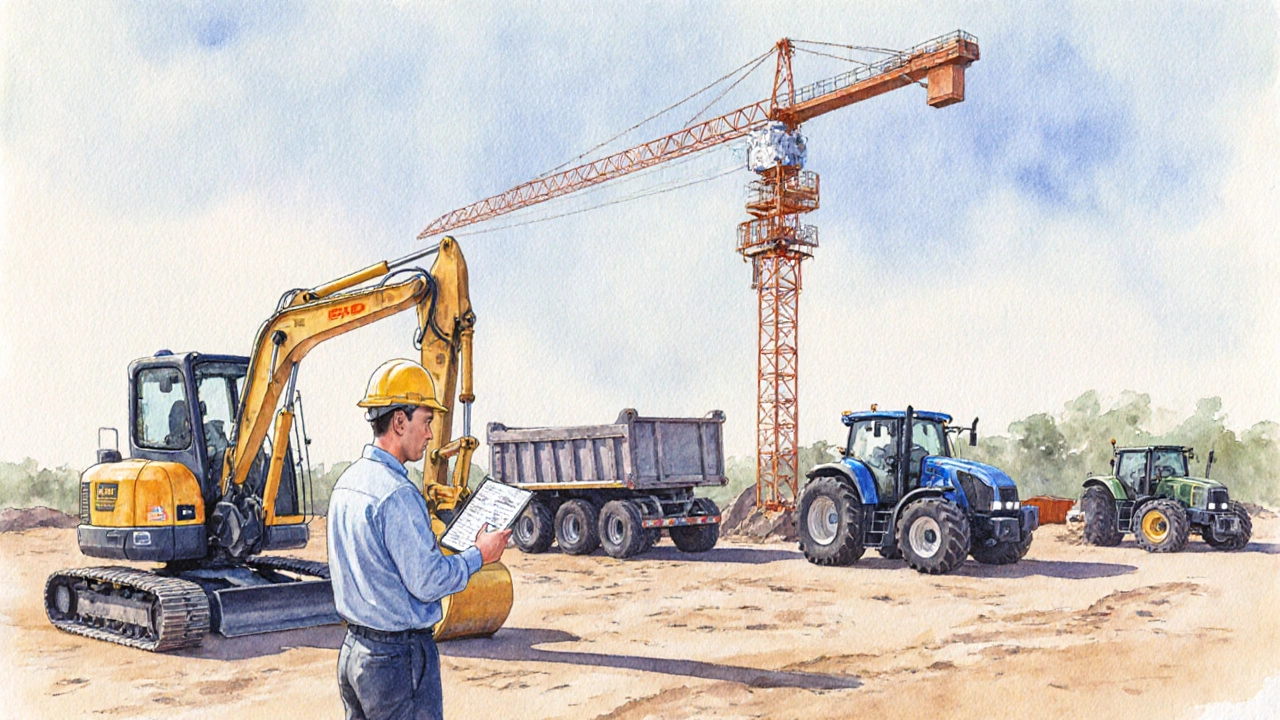 Менеджер рассматривает технику, стоящую на площадке: компактный экскаватор, автокран, самосвал и трактор.