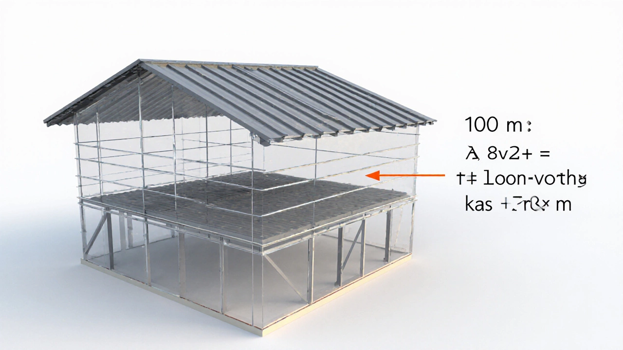 Прозрачная 3D-модель дома с указанием разницы между площадью пола и площадью кровли под уклоном 30 градусов.