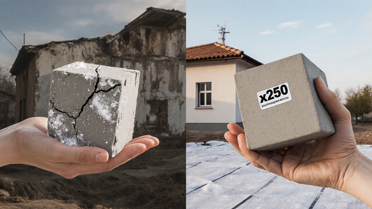 Разбитый бетонный куб с соляными кристаллами рядом с идеальным кубом М250 — сравнение плохого и правильного бетона.