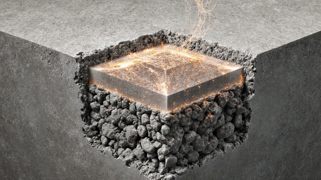 Разрез бетонного фундамента с видимой структурой щебня и цементного камня, усиленного гидрофобной добавкой.