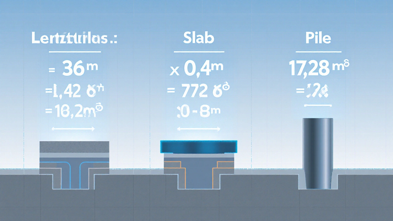 Схематическое сравнение трех типов фундаментов с формулами расчета объема бетона.