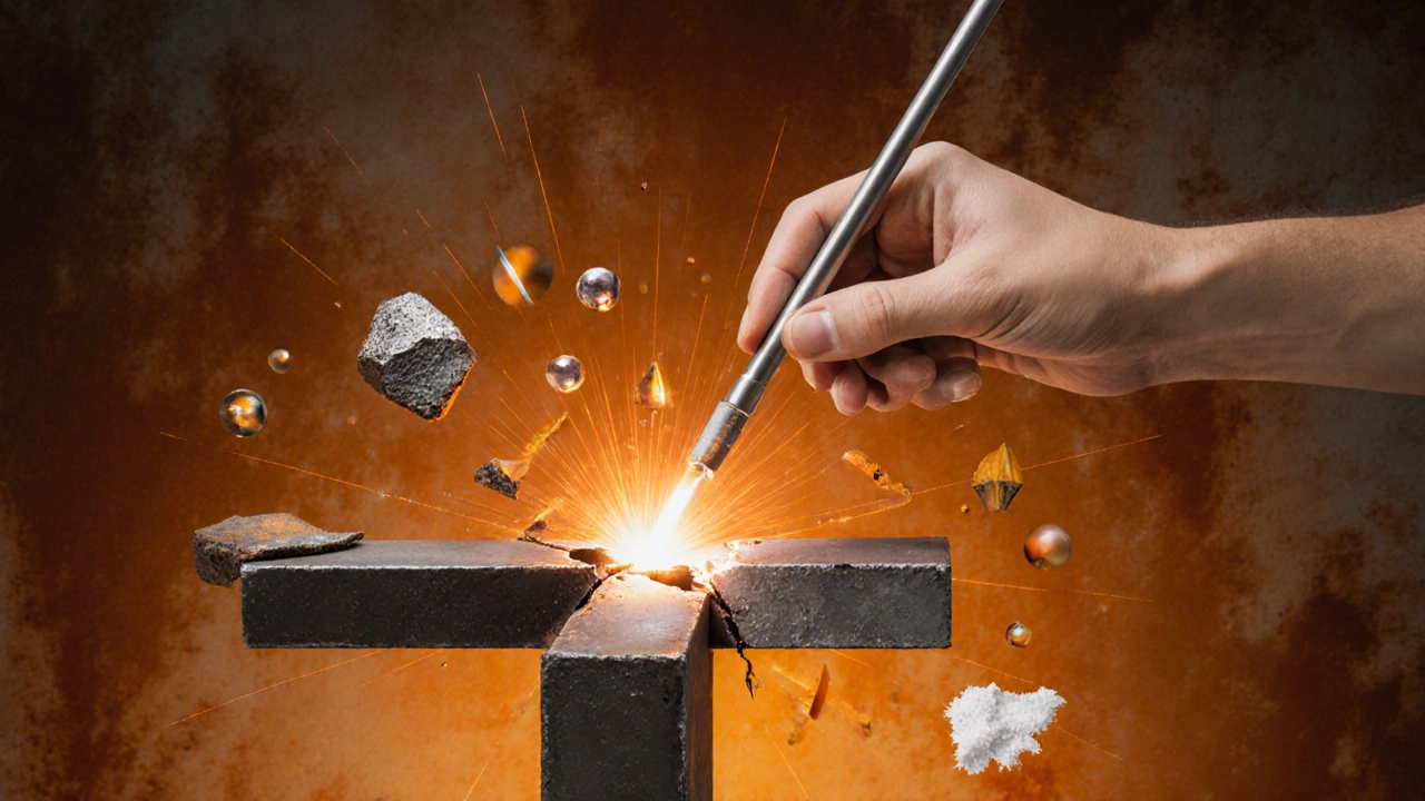 Схематичное изображение сварочного электрода с элементами дуги, расплавленного металла и шлака, плавающими в воздухе.