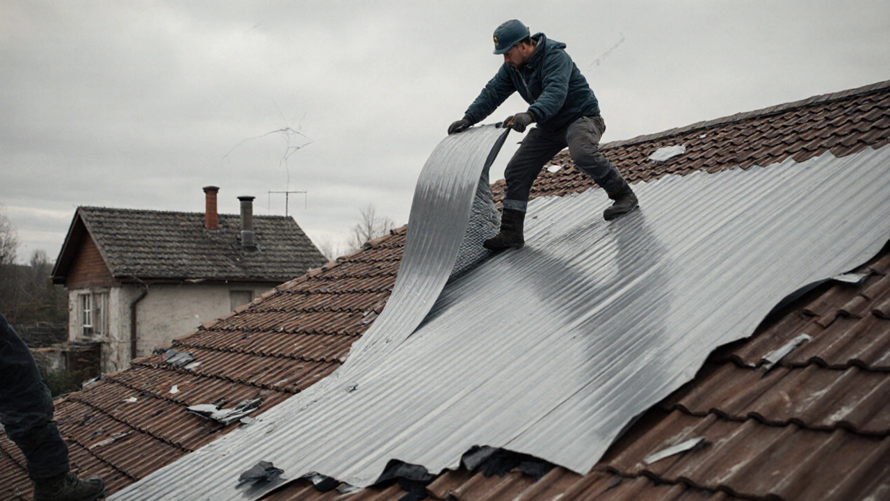 Строители разворачивают 50-метровый рулон профлиста на крыше, видны нахлесты и обрезки материала на фоне северного неба.