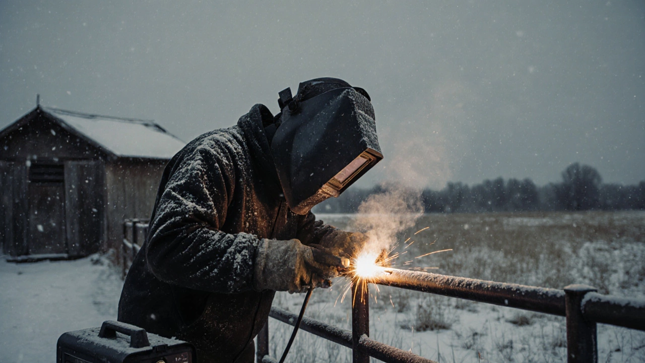 Сварщик работает на улице под снегом, яркая дуга освещает металлический забор, снег тает на каске.
