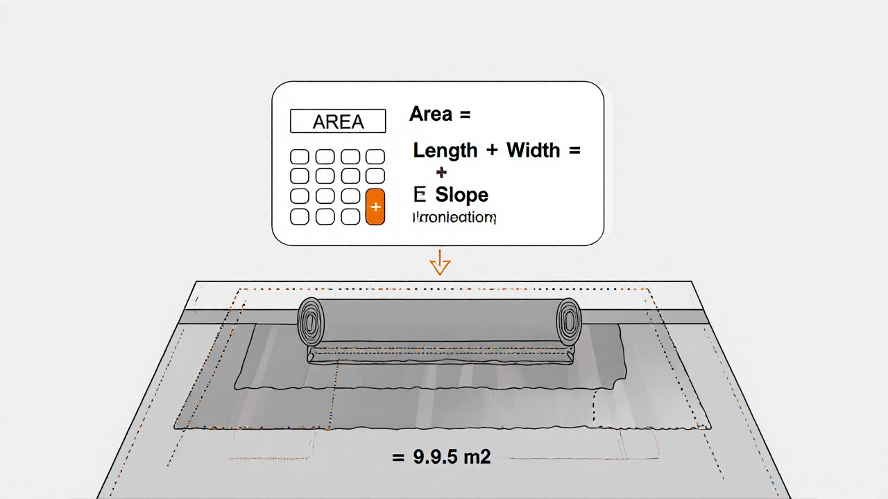 Техническая схема: формула расчета площади кровли над домом, с наглядным преобразованием погонных метров в квадратные.