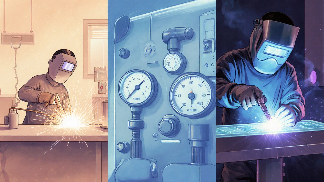 Три иллюстрированных сцены, показывающие рост сложности от электросварки к TIG и лазерной.