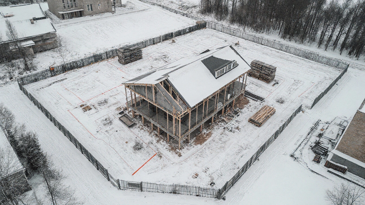 Вид сверху на дом в Калининграде: только основная коробка построена, остальная территория — пустая, без забора и ландшафта.