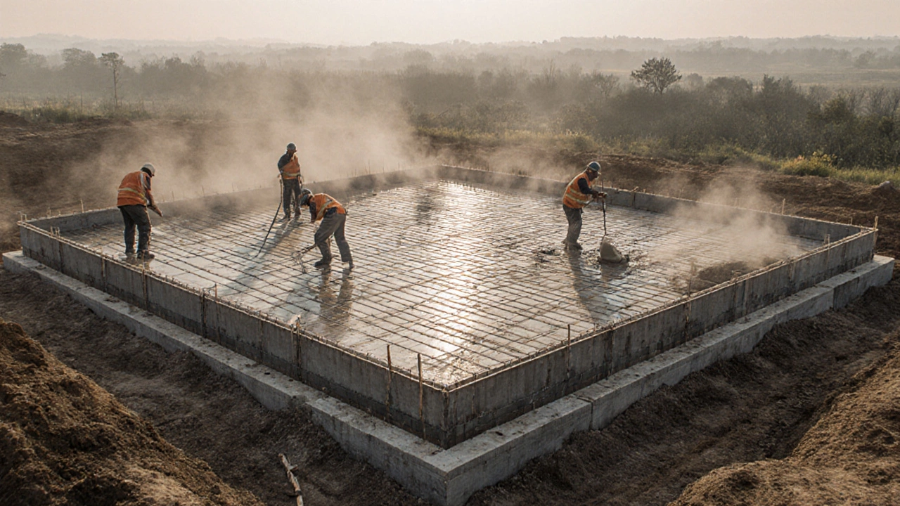 Вид сверху на плитный фундамент с армированными ребрами и заливкой бетона.