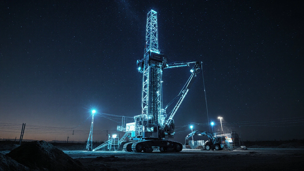 Автономная буровая установка работает ночью с цифровыми проекциями BIM.