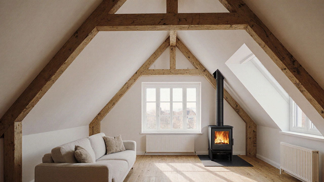 Чердак, превращённый в жилую комнату с наклонным потолком и большими окнами, мягкий свет.