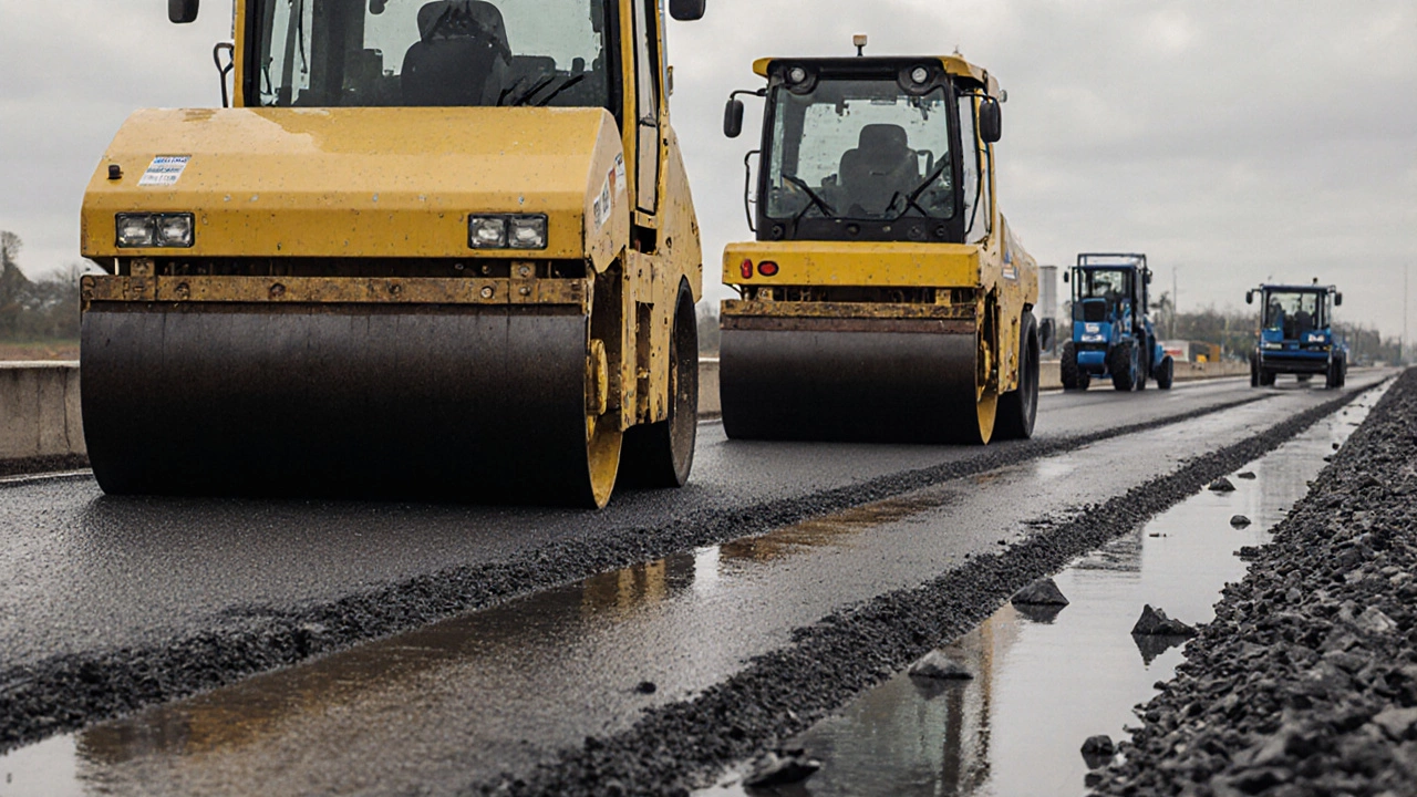 Два катка подряд уплотняют асфальт: вибрационный и пневмоколесный, поверхность гладкая.