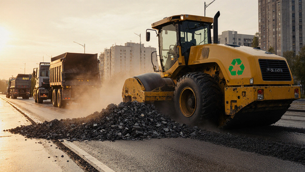 Фреза срезает старый асфальт, обнажая чистое основание, мусор загружается в грузовик.
