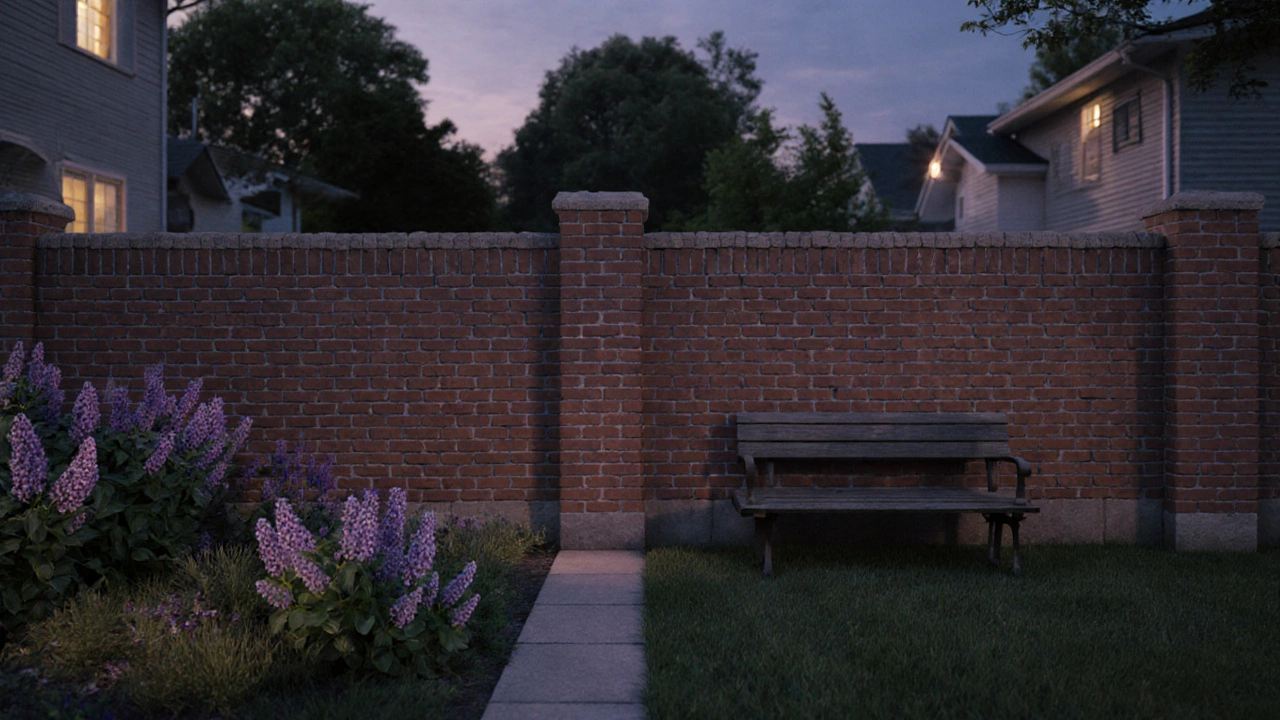 Кирпичный забор с идеально затёртыми швами с обеих сторон, стоящий между двумя ухоженными участками.