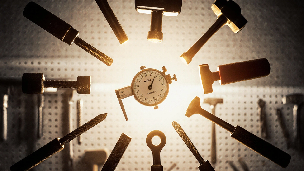 Композиция основных слесарных инструментов: кернер, тиски, файл, молоток, метчик и магнит.