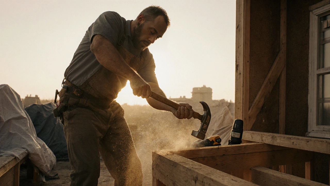 Мастер забивает гвоздь молотком на стройке на рассвете, электрические инструменты не используются.