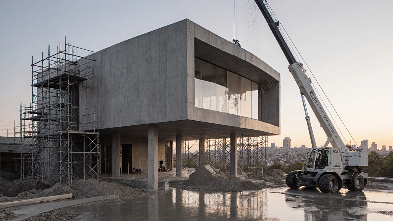 Монолитный дом с плавными формами и большими окнами на стройплощадке.