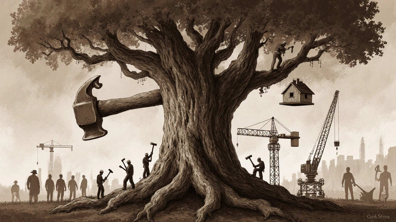 Огромное дерево в форме молотка, вокруг него строители, а современные машины стоят без движения.