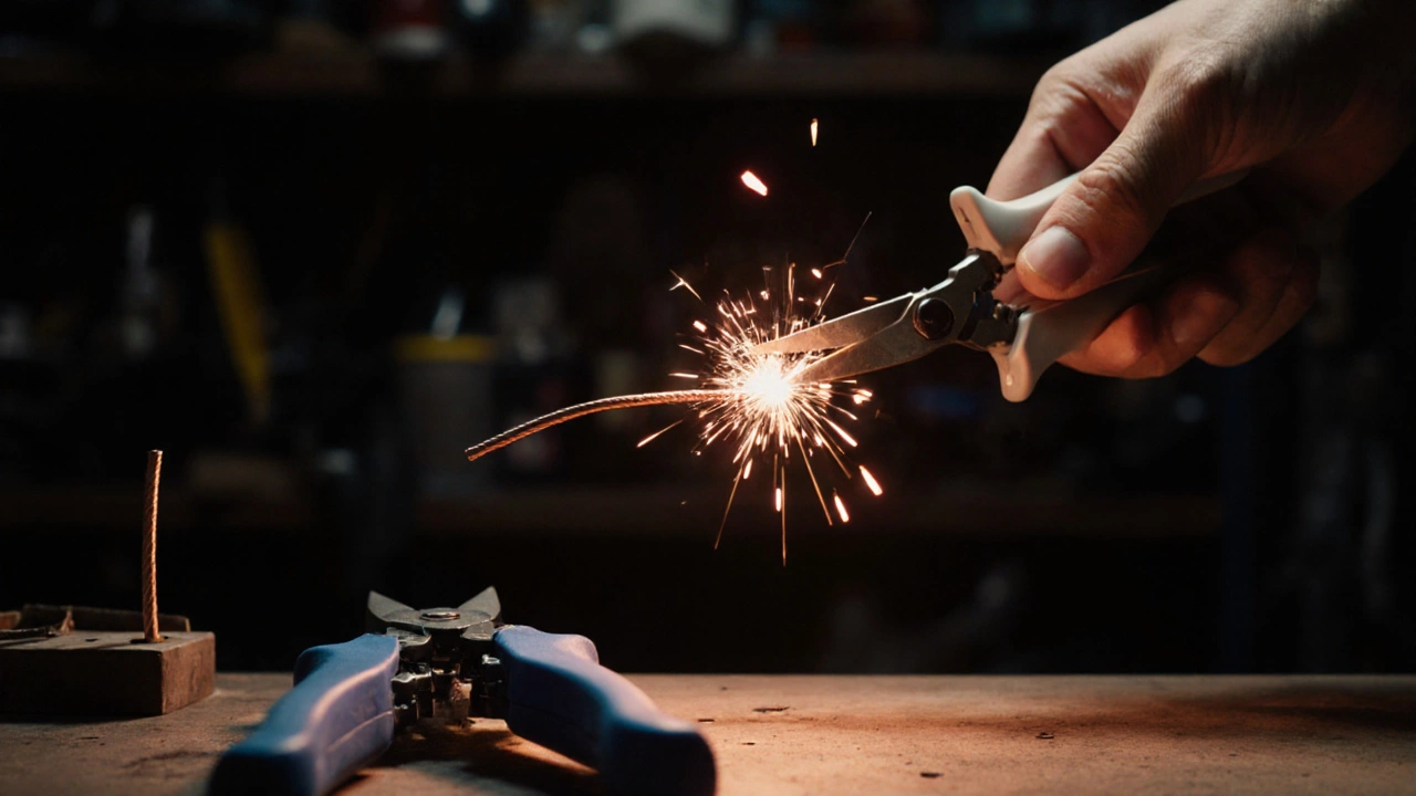 Повреждённые кухонные ножницы после попытки резать провод, с искрами и нагревом.