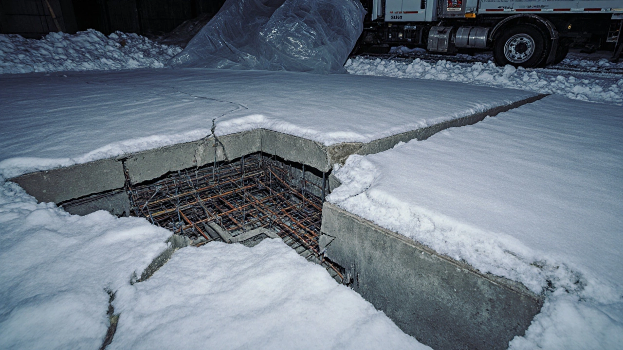 Поврежденный фундамент на снегу рядом с целым — пример ошибки и правильной заливки.