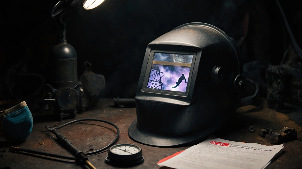 Пустой сварочный шлем с отражениями опасностей: падение, беременность, возраст.