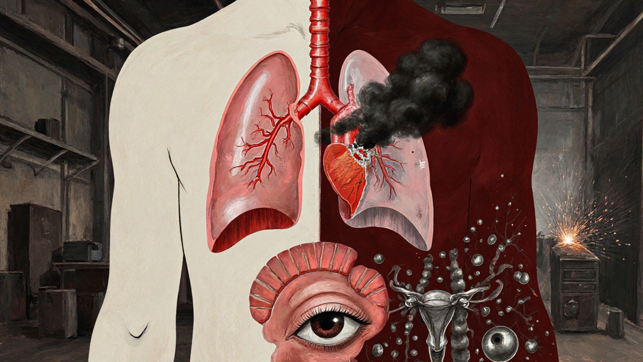 Разделённый силуэт: здоровые органы слева, повреждённые — справа, на фоне цеха.