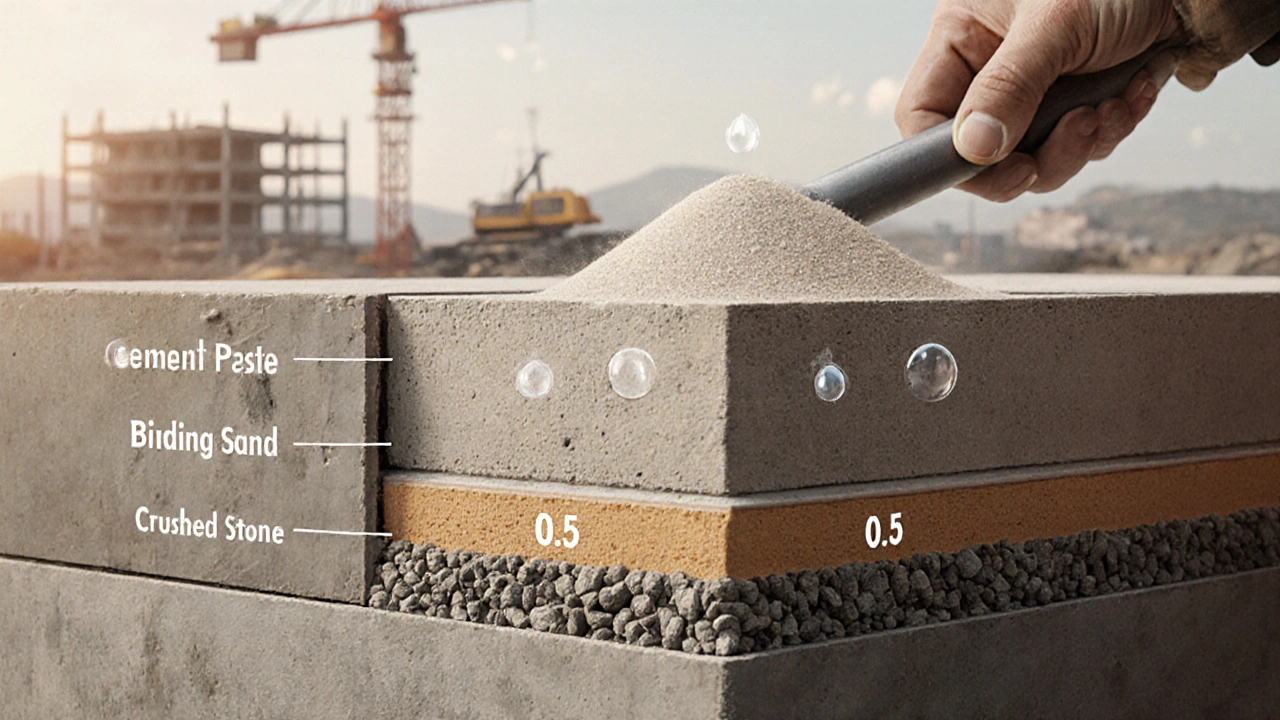 Разрез бетонного фундамента с видимой структурой связующего, песка и щебня, уплотняемого штыкованием.