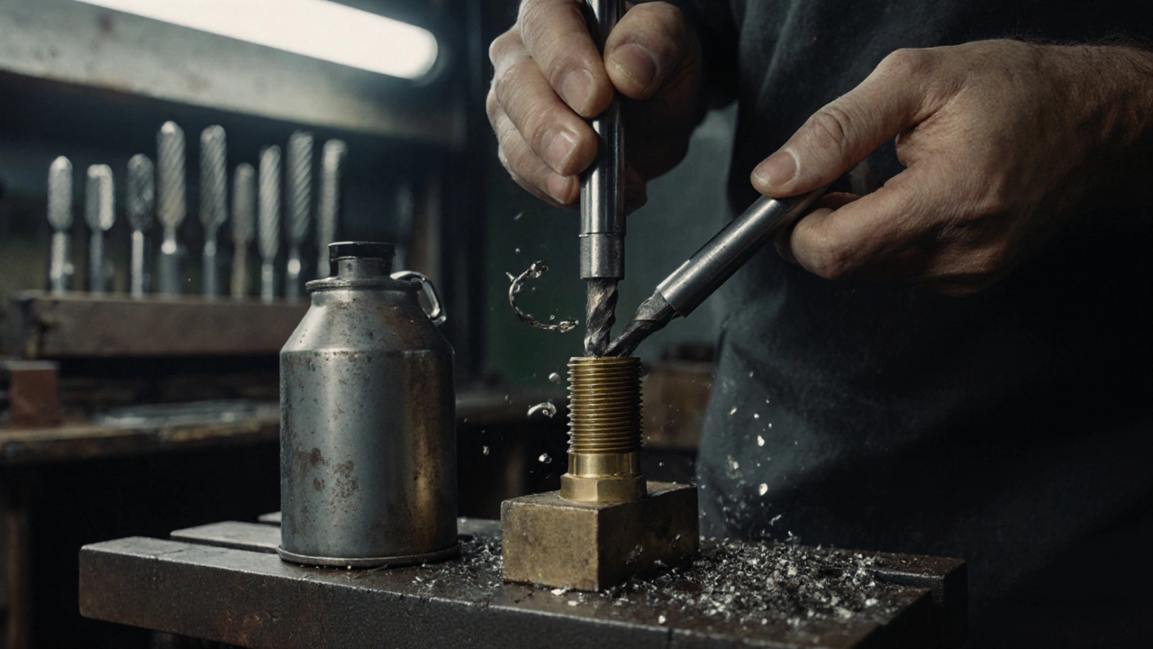Слесарь нарезает резьбу метчиком, рядом масляная канистра и стружка на металле.