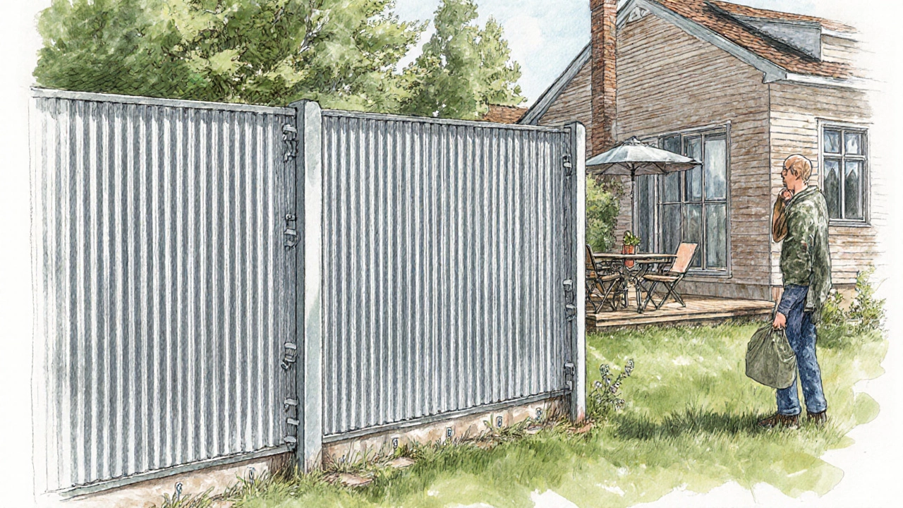 Современный профнастил с окрашенной стороной к соседу, с видимыми креплениями с обратной стороны.