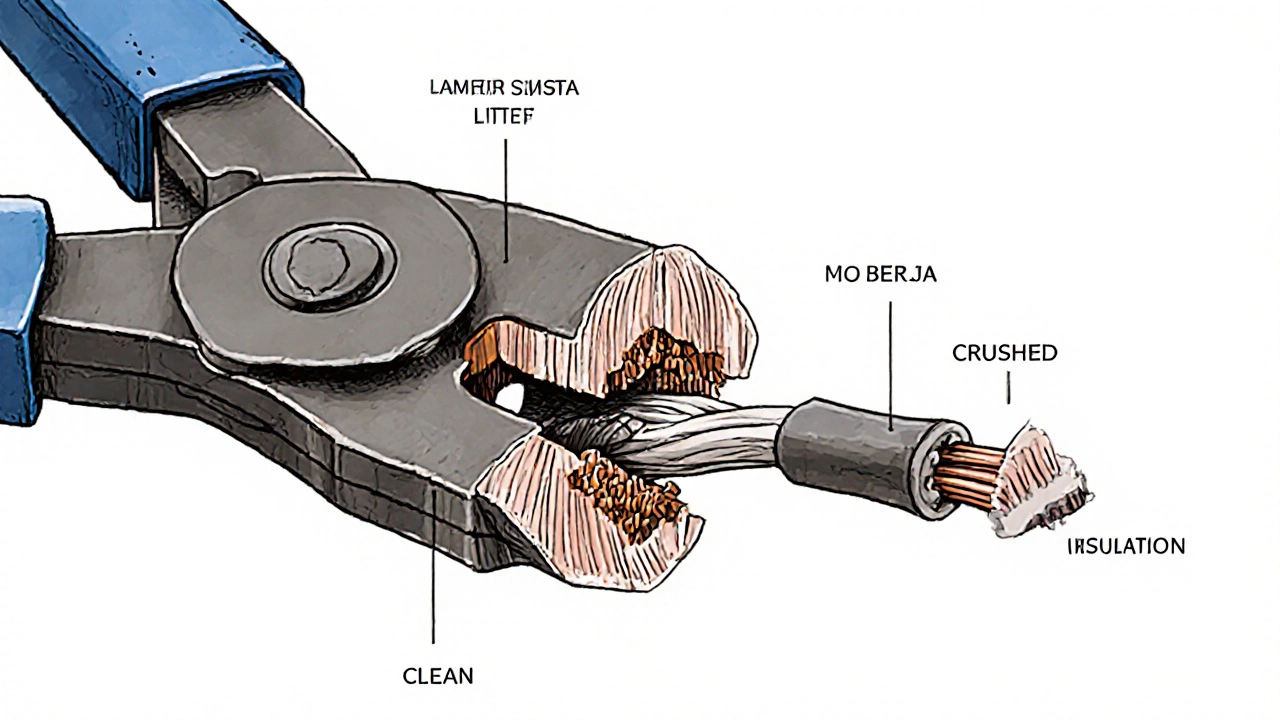 Сравнение чистого и деформированного среза провода: кусачки против обычных ножниц.