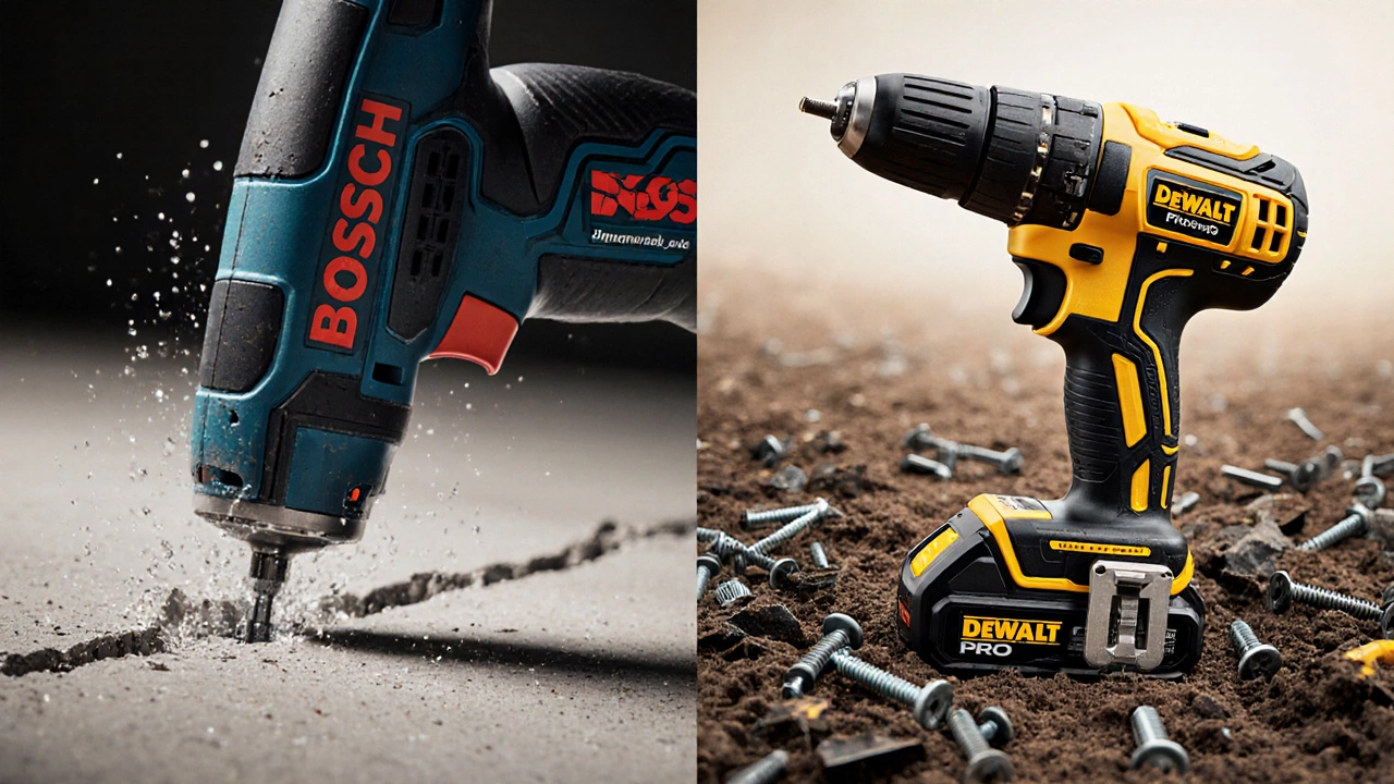 Сравнение надежного BOSCH перфоратора и сломанной поддельной дрели на земле.