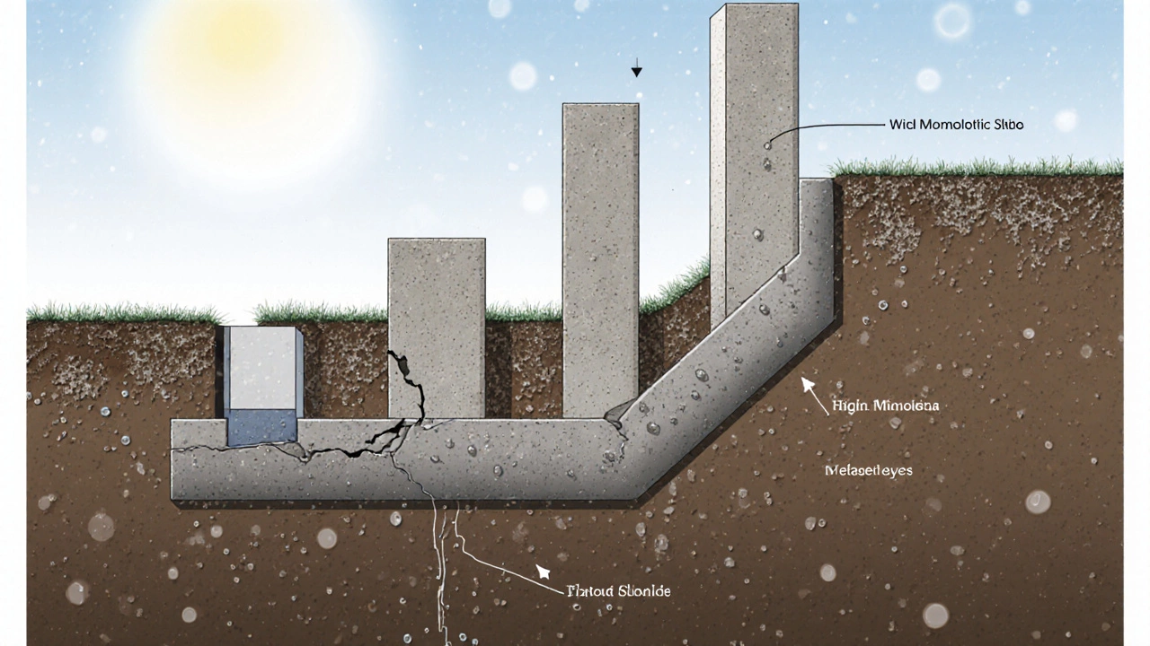 Сравнение поперечных сечений трех типов фундаментов на пучинистом грунте: треснувшая лента, перекошенные столбы и целая плита.