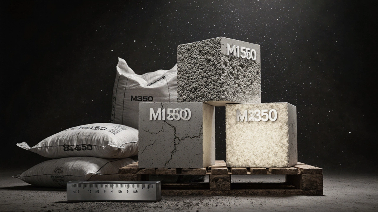 Три бетонных куба разных марок — М150, М300, М350 — с различной внутренней плотностью и армированием.
