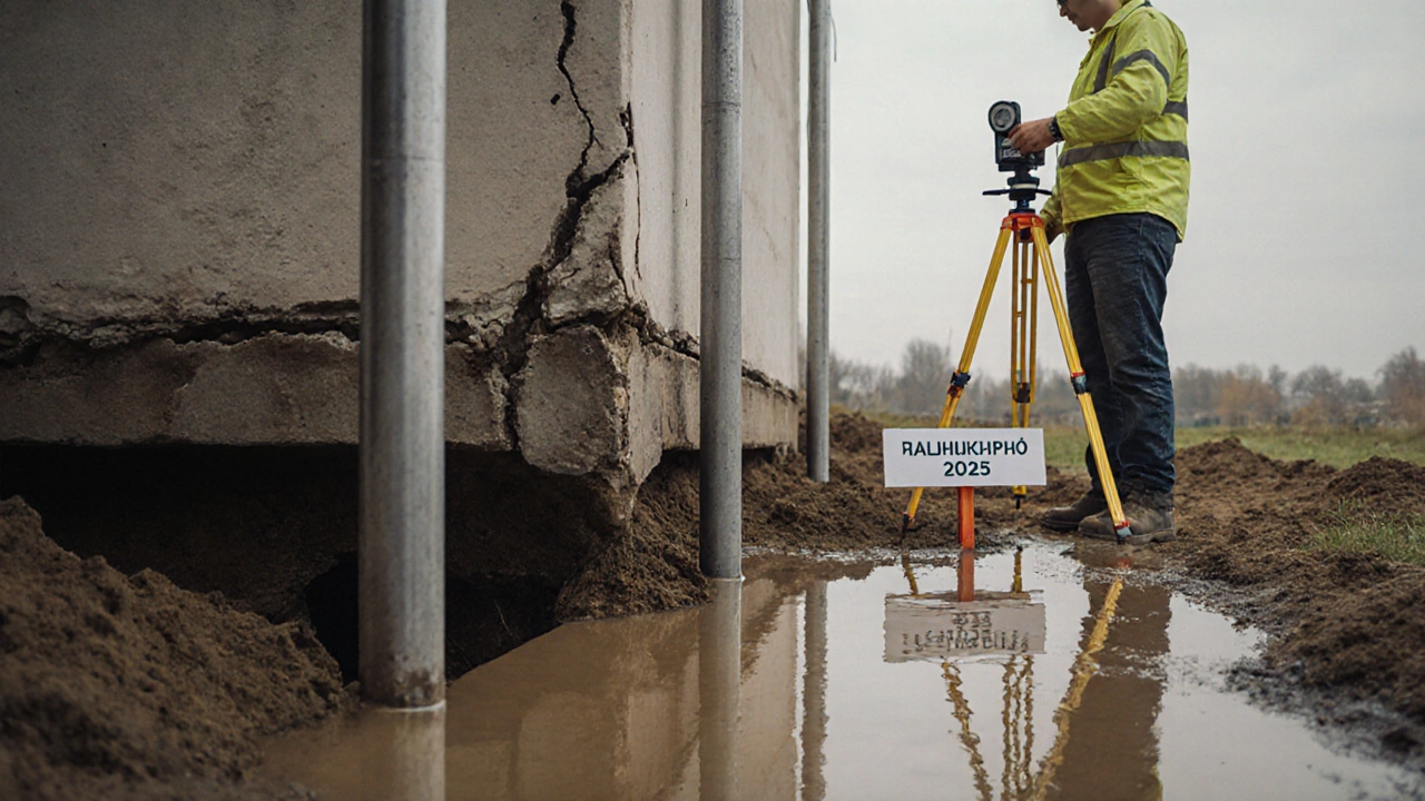 Усиление фундамента старого дома сваями на влажной почве, инженер с измерительным прибором.