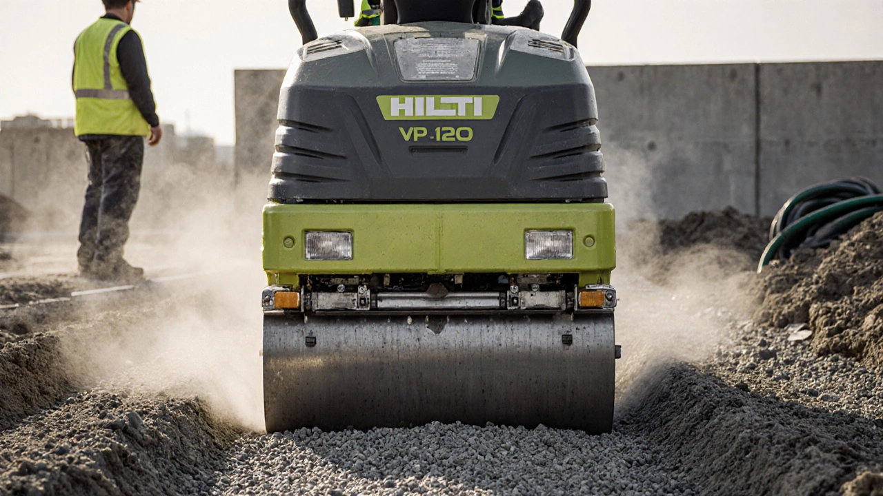 Виброплита уплотняет гравий под фундаментом, оператор в безопасной зоне.