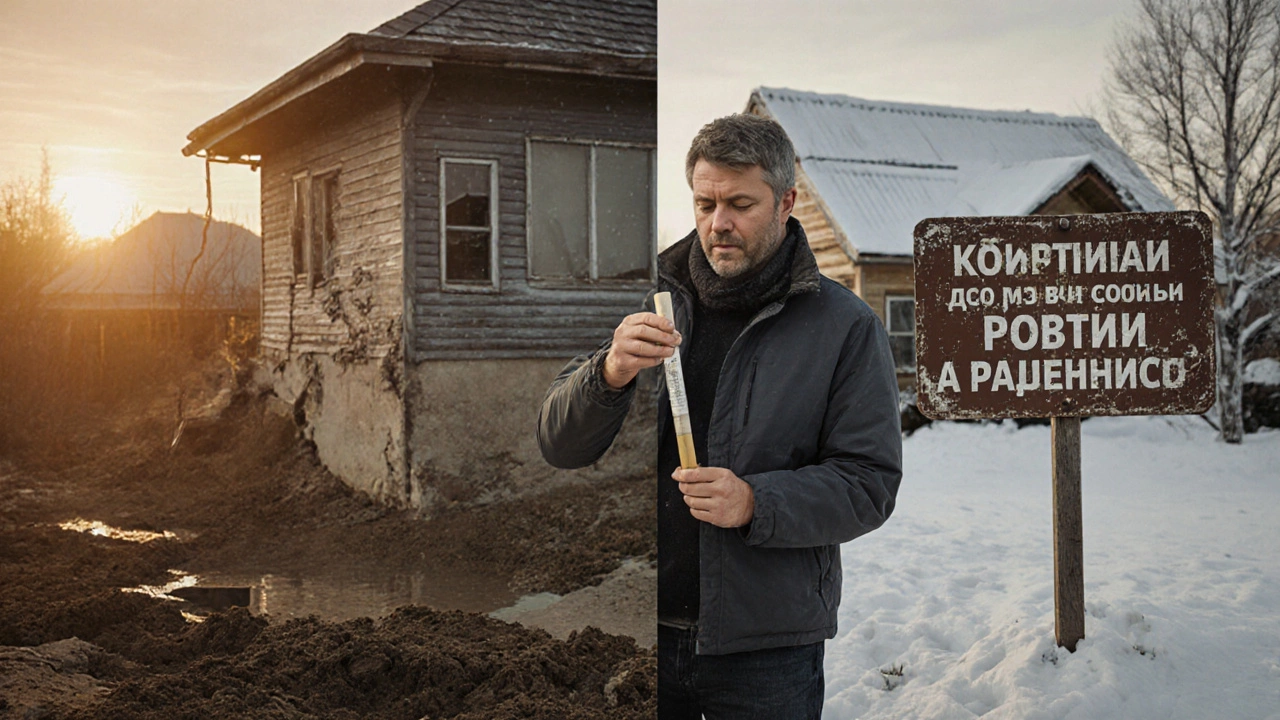 Владелец дома с образцом грунта и двумя сценами будущего: разрушенный дом и надежный дом на глубоком фундаменте.