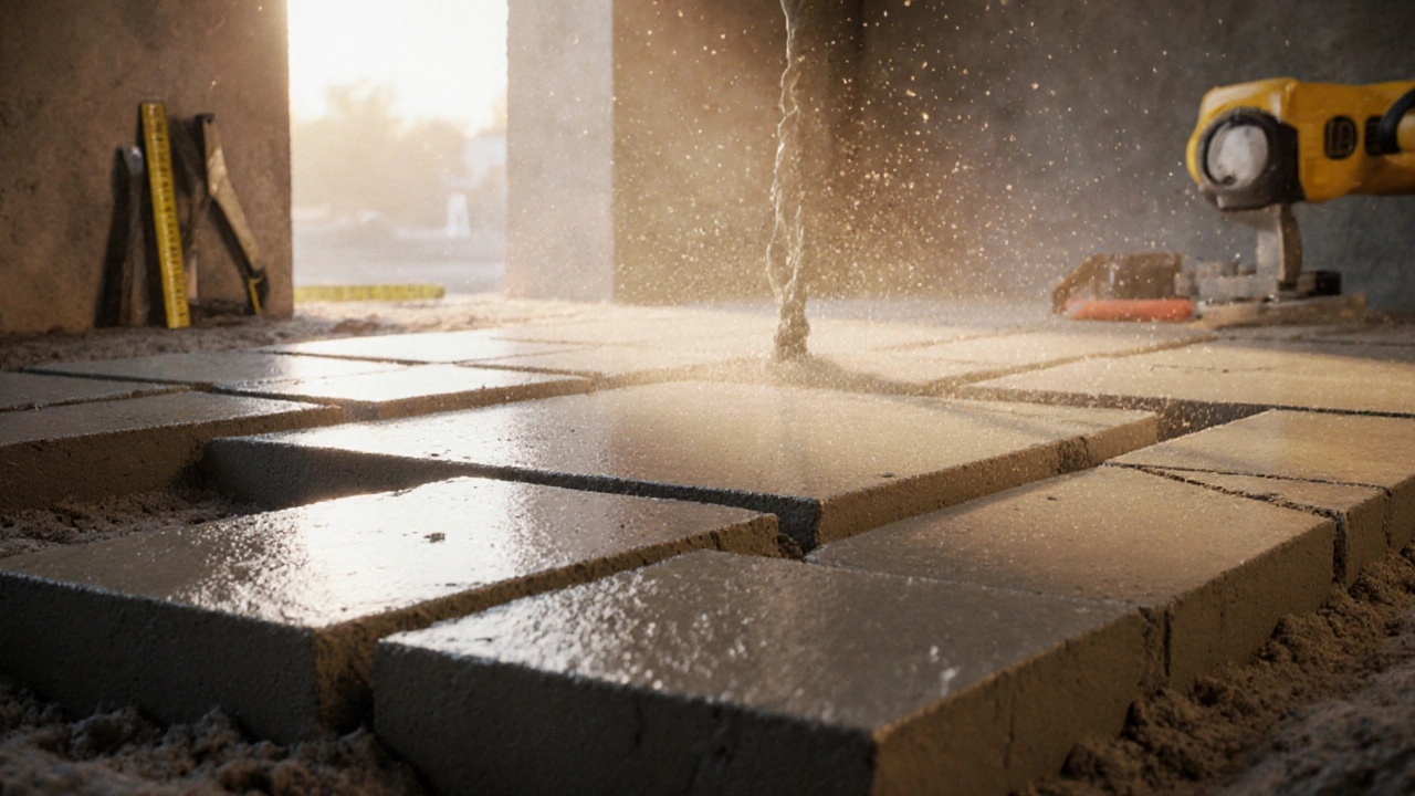 Заливка бетона в неровное помещение, разделённое на геометрические фигуры для расчёта объёма.