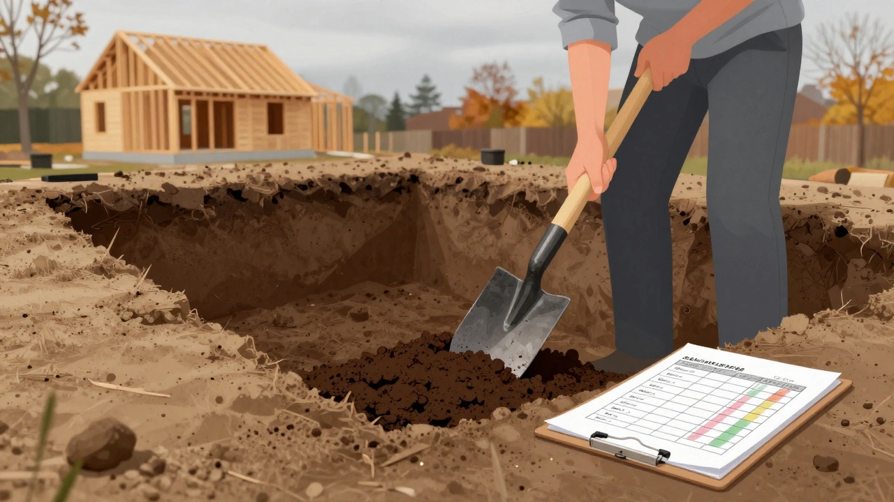 Человек копает яму и осматривает три типа грунта: песок, глину и торф, рядом — расчёты на доске.