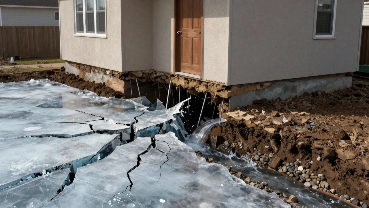 Дом поднимается из-за пучения грунта, трещины в стенах; рядом — правильный фундамент с дренажем и утеплением.