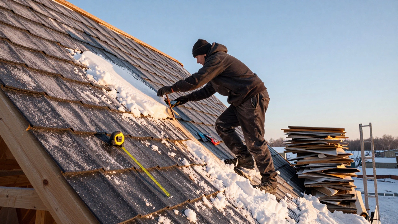 Рабочий укладывает металлочерепицу на крутую крышу в снежном городе.