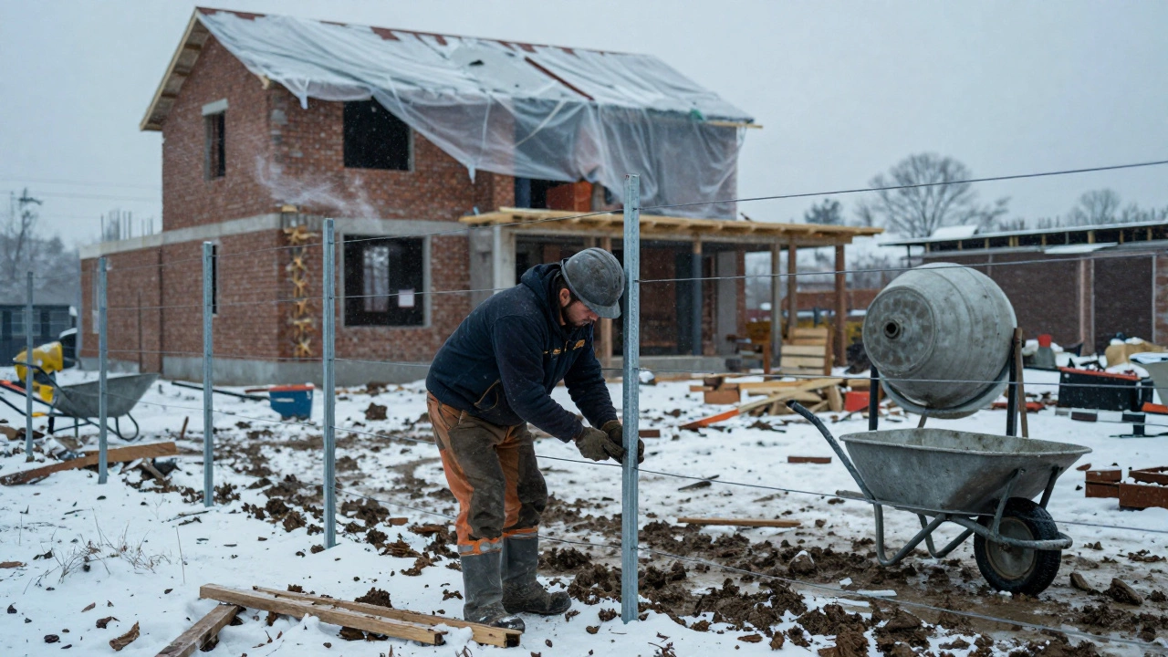Рабочий устанавливает металлические столбы временного забора на заснеженном участке рядом с частично построенным домом.