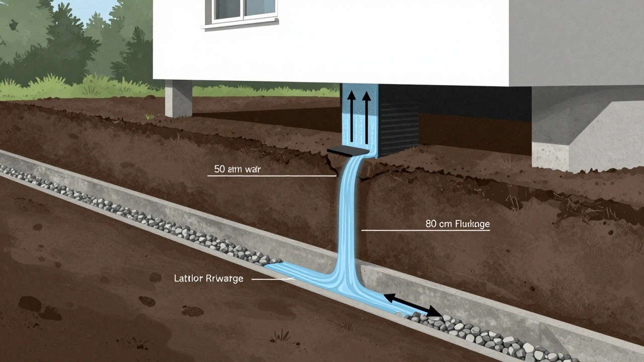 Разрез фундамента дома, показывающий защиту от промерзания и капиллярной влаги, с дренажной системой и гидроизоляцией.