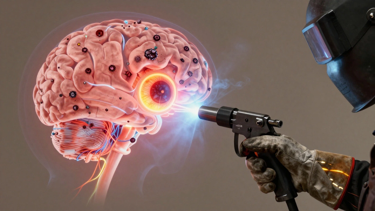 Рука сварщика с прозрачным рентгеновским изображением повреждений мозга и глаз.