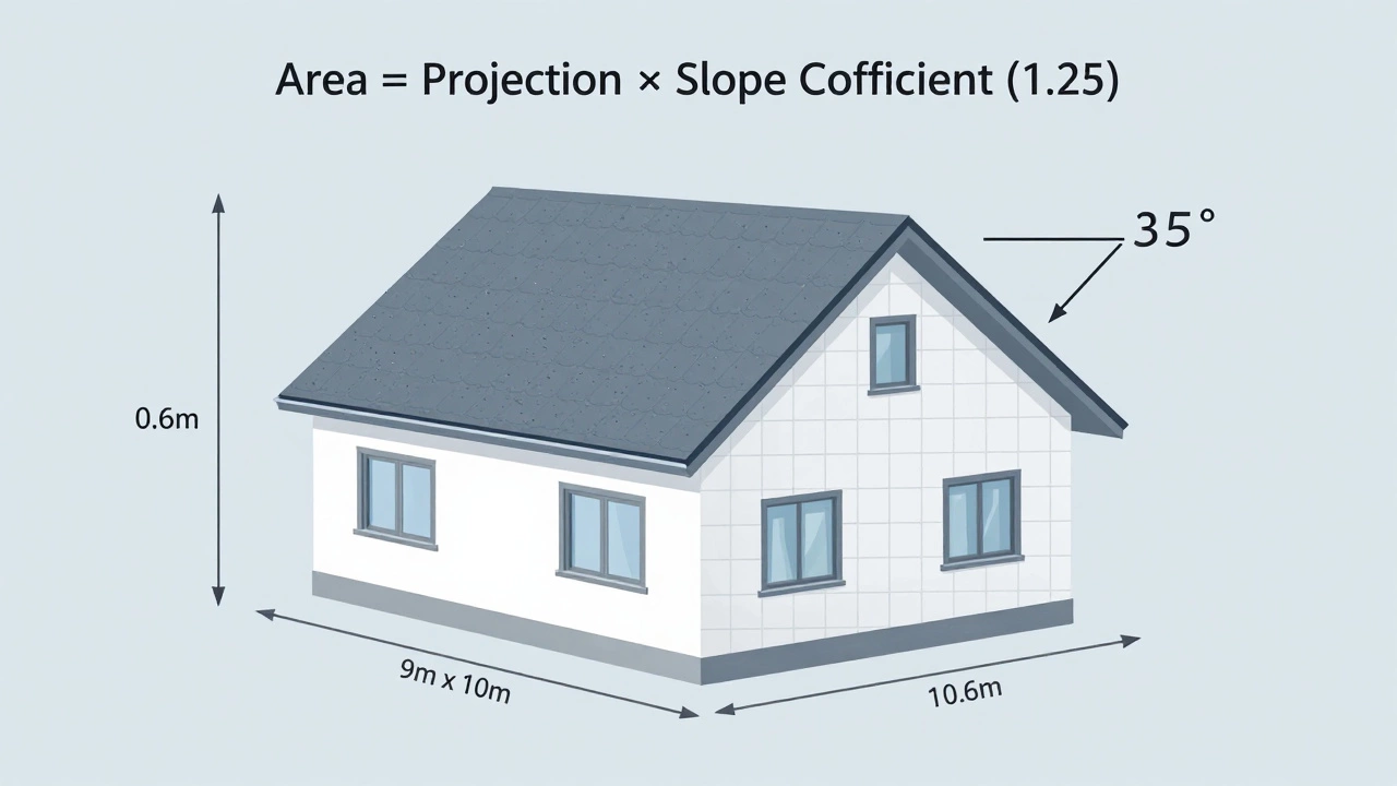 Схема дома с размерами и формулой расчета площади кровли.