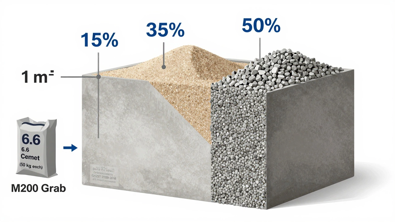 Схема пропорций бетона: цемент, песок и щебень в соотношении для марки М200 в объеме 1 м³.