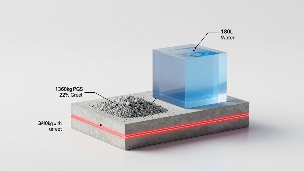 Схематичный разрез фундамента с пропорциями цемента, ПГС и воды, изображённый прозрачными объёмами.