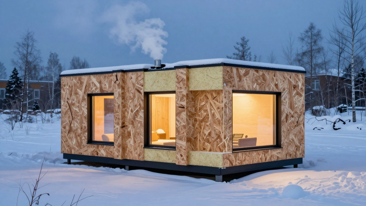 SIP-панельный дом в снежном ландшафте с видимым тепловым излучением из окон.