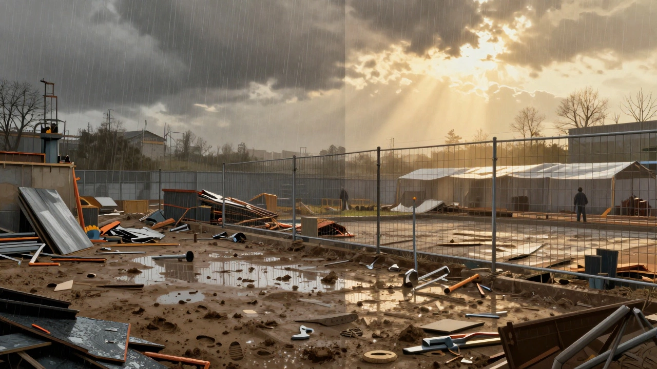 Сравнение двух сцен: хаотичная стройка без забора и упорядоченная с забором — символ защиты от погоды и случайностей.